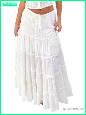 Casual Elastic Waist A-Line Pleated Maxi Skirt Summer Beach Long Skirt